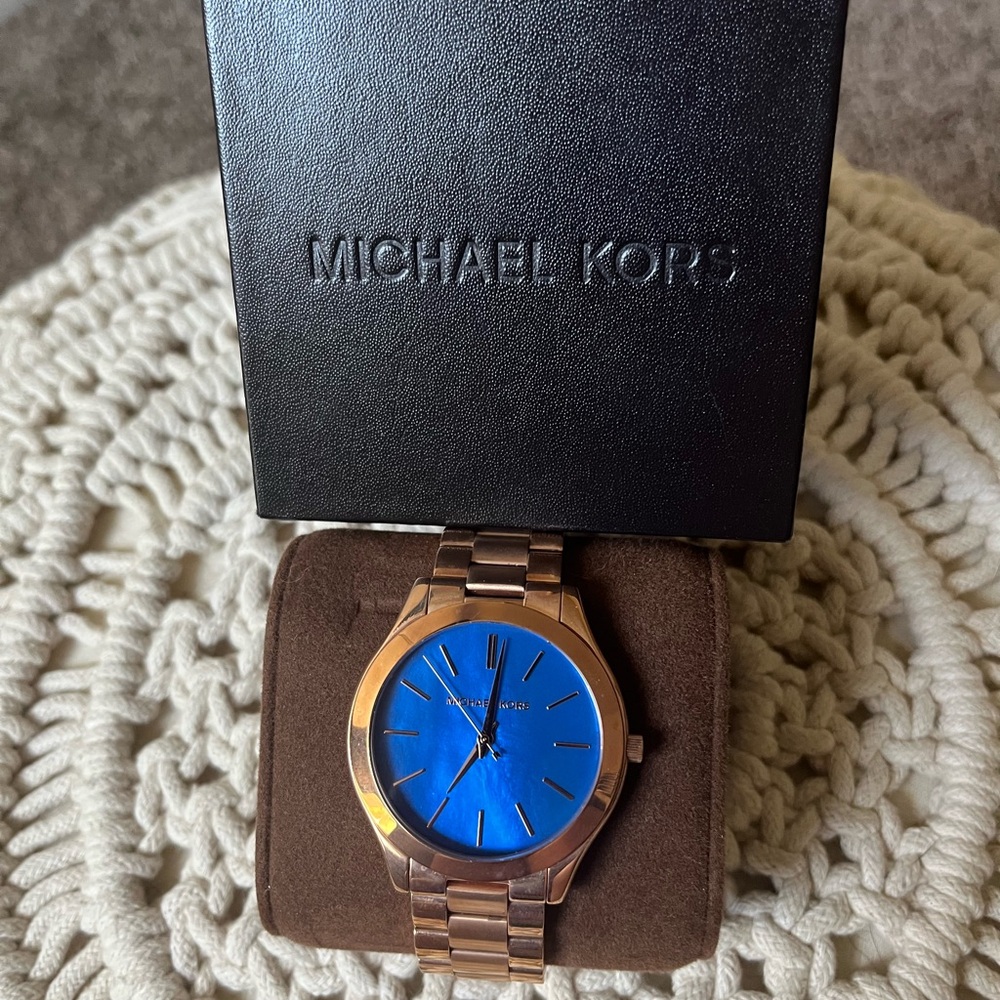 New Michael Kors Rose Gold Watch with Vibrant Blue face and Michael Kors box
